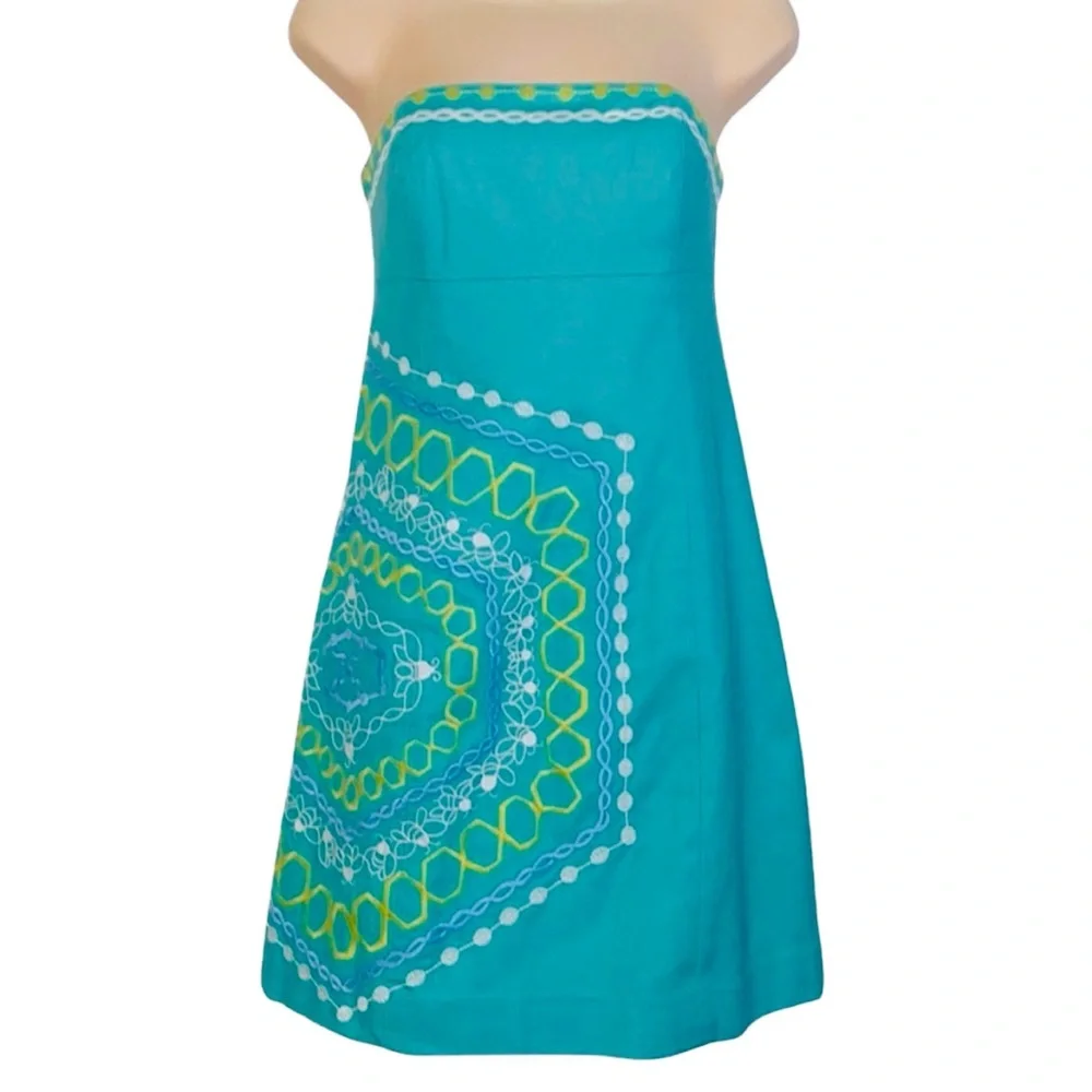 Lilly Pulitzer Bowen Strapless Mini Dress, Teal, Embroidered Bee Hive, Size 2 - Picture 8 of 10